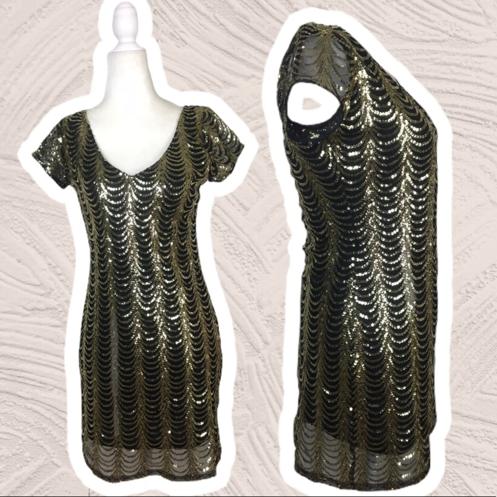 Cecico Gold & Black Metallic Sequin Mini Dress